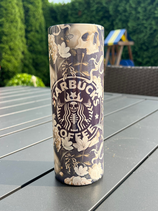 20oz Gothic Floral Skull Skinny Tumbler - Dark Coffee Aesthetic