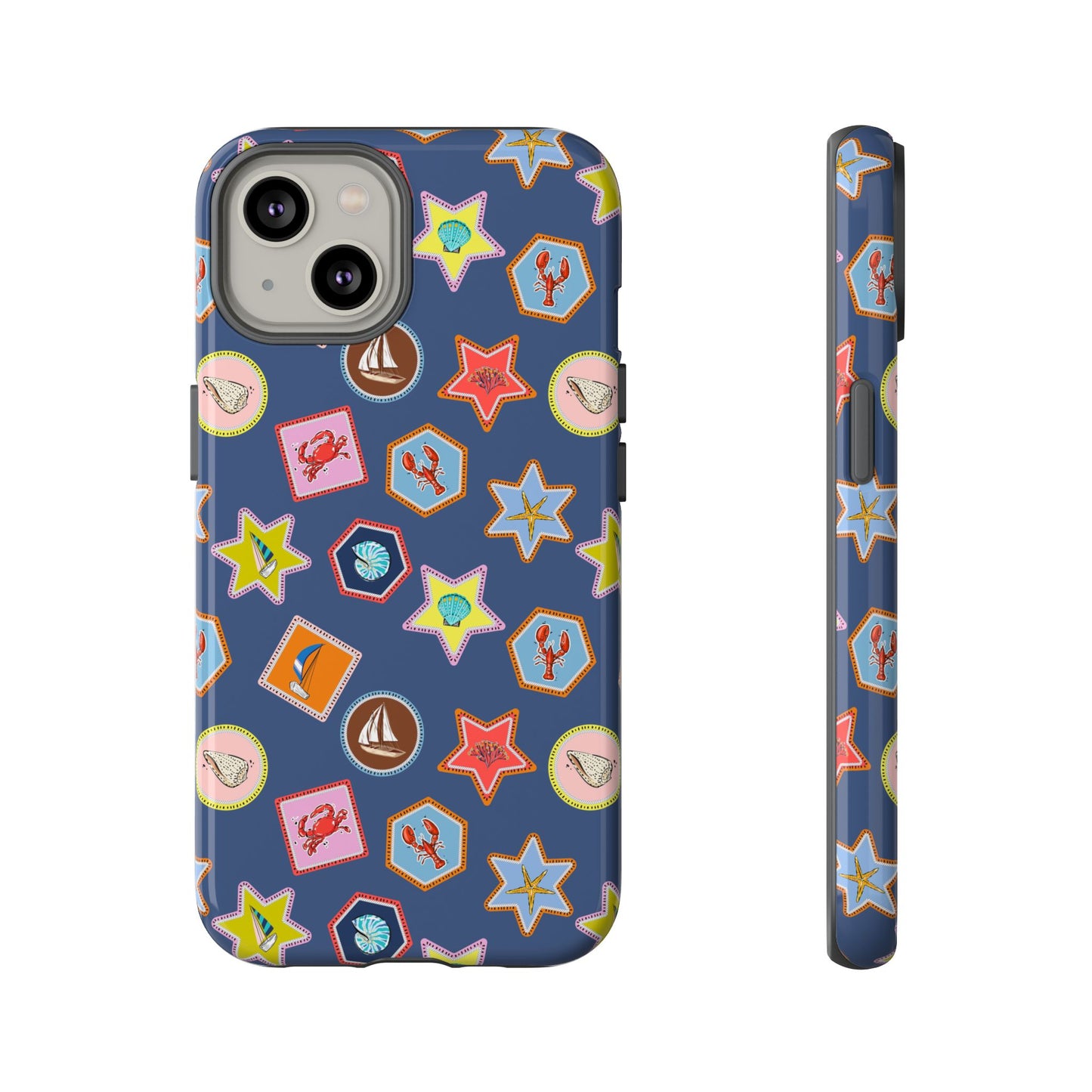 Lobsters Sailboats and Seashells on Navy Blue Phone Case
