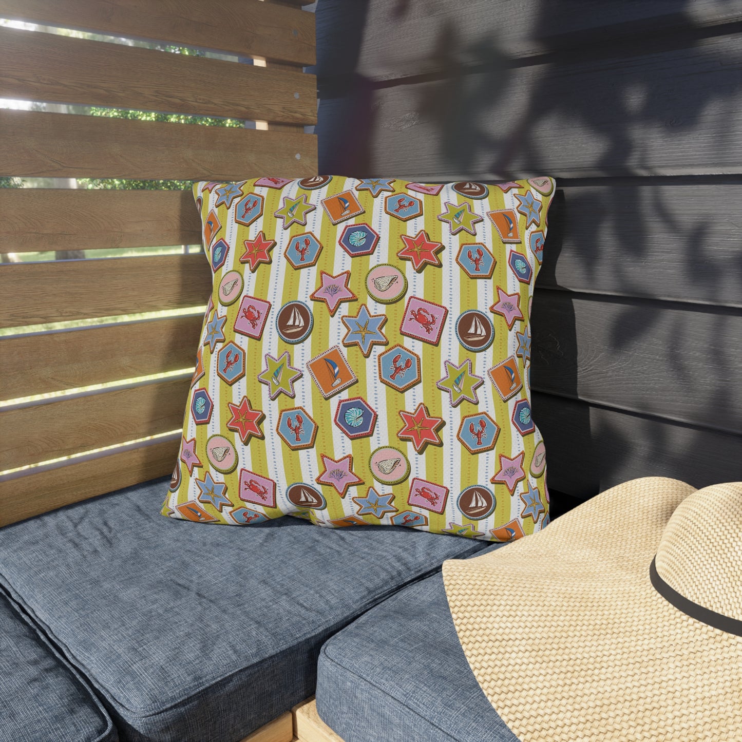 Coastal Nautical Outdoor Throw Pillow – Beach House Patio Cushion with Lobsters, Sailboats & Seashells
