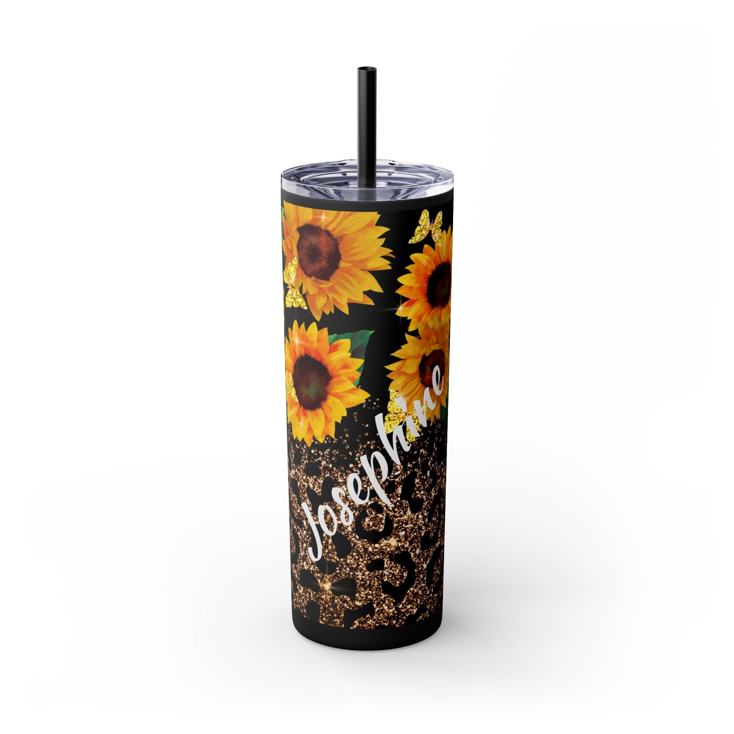 Sunflowers Glitter 20oz Skinny Tumbler, Personalized Sunflower, Butterfly Personalized Tumbler, Sunflowers for Her, Butterflies for Her