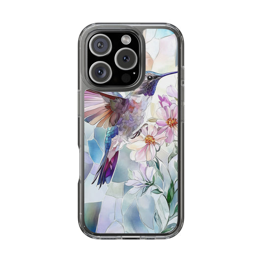 Clear Hummingbird Phone Case - Floral Stained Glass Design, Wireless Charging Compatible