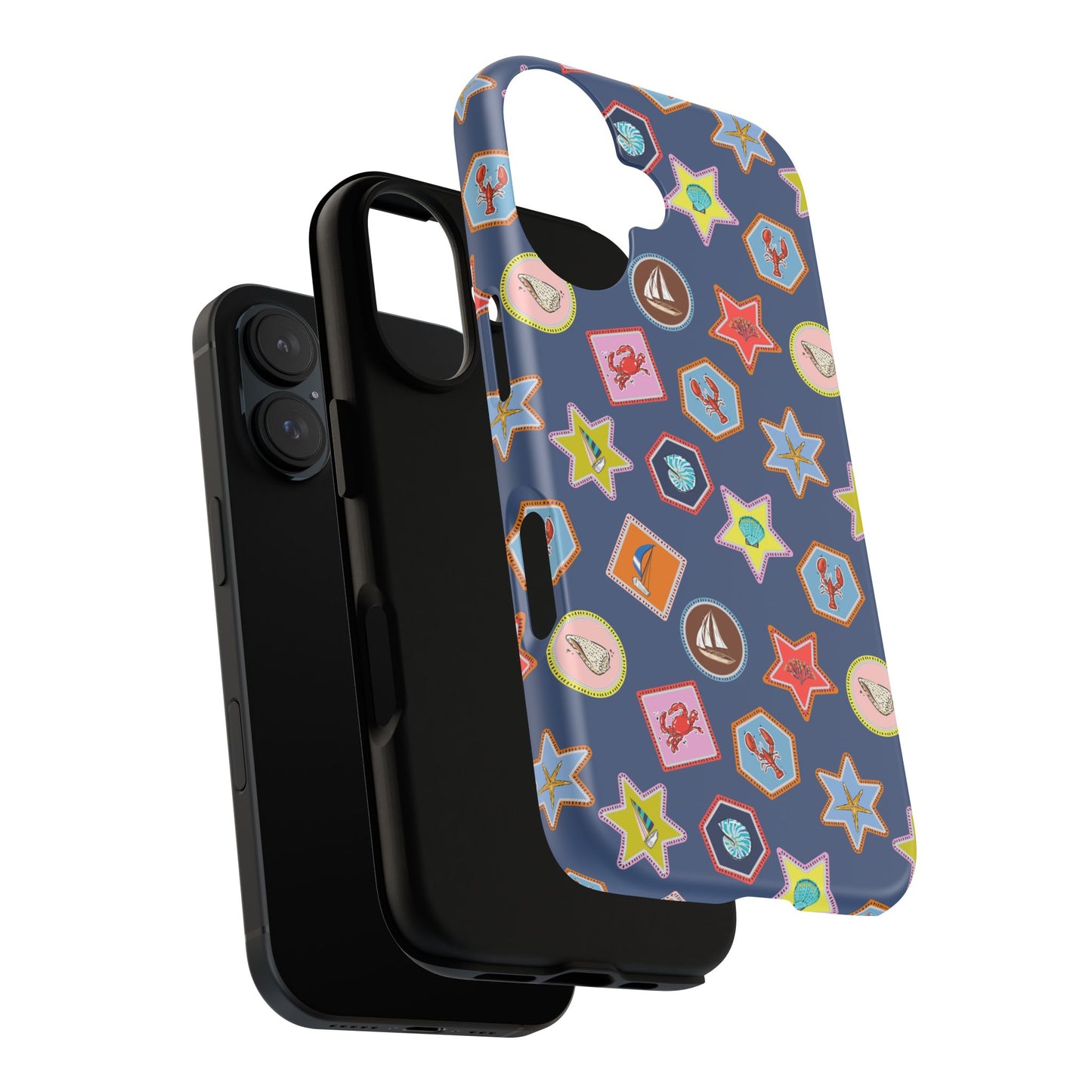 Lobsters Sailboats and Seashells on Navy Blue Phone Case