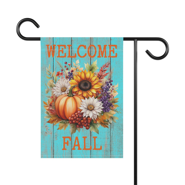 Welcome Fall Garden Flag – 12”x18” Pumpkin & Sunflower Yard Banner with Teal Wood Background