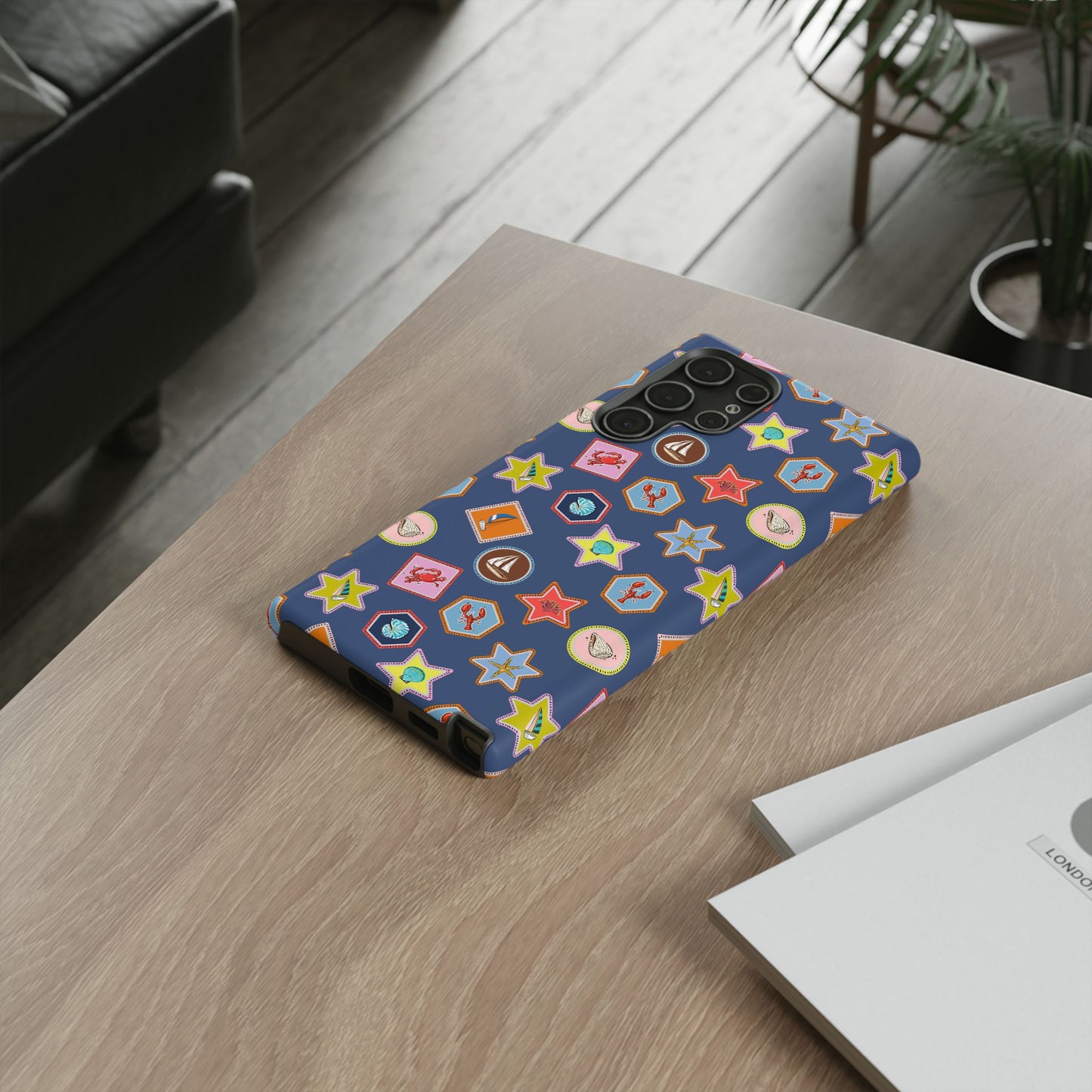 Lobsters Sailboats and Seashells on Navy Blue Phone Case