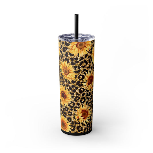 Sunflower 20oz Skinny Tumbler with Straw, Golden Sunflower Leopard Print, Sunflower on Leopard Print, Skinny Tumbler, 20oz Skinny Tumbler