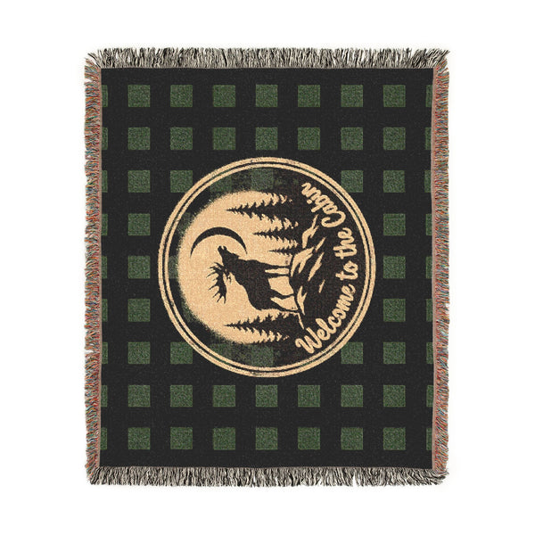 Welcome to the Cabin Woven Blanket | Moose & Pine Tree Buffalo Plaid Throw | Rustic Lodge Cabin Decor | Fall & Winter Gift