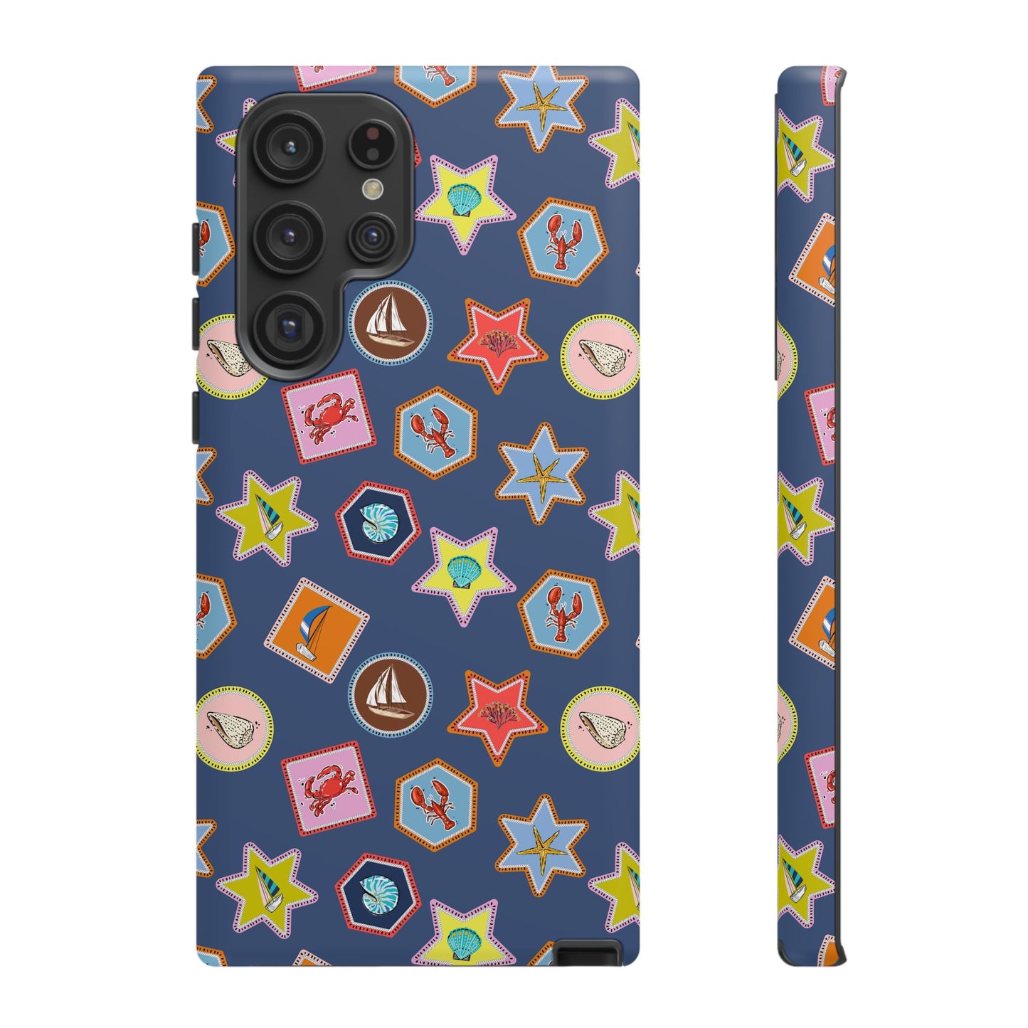 Lobsters Sailboats and Seashells on Navy Blue Phone Case