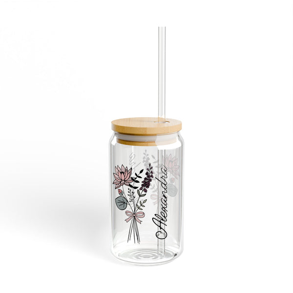 Personalized July Flower 16oz Can Glass - Stylish Sipper with Bamboo Lid and Straw
