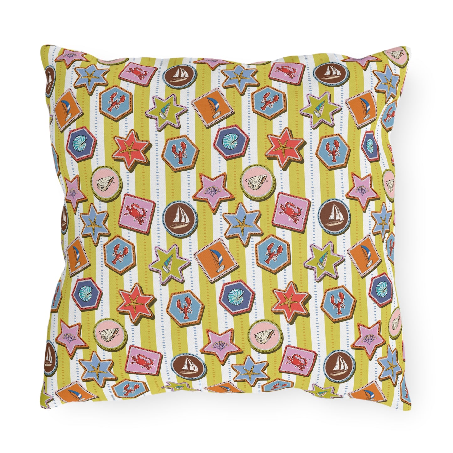 Coastal Nautical Outdoor Throw Pillow – Beach House Patio Cushion with Lobsters, Sailboats & Seashells