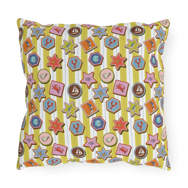 Coastal Nautical Outdoor Throw Pillow – Beach House Patio Cushion with Lobsters, Sailboats & Seashells