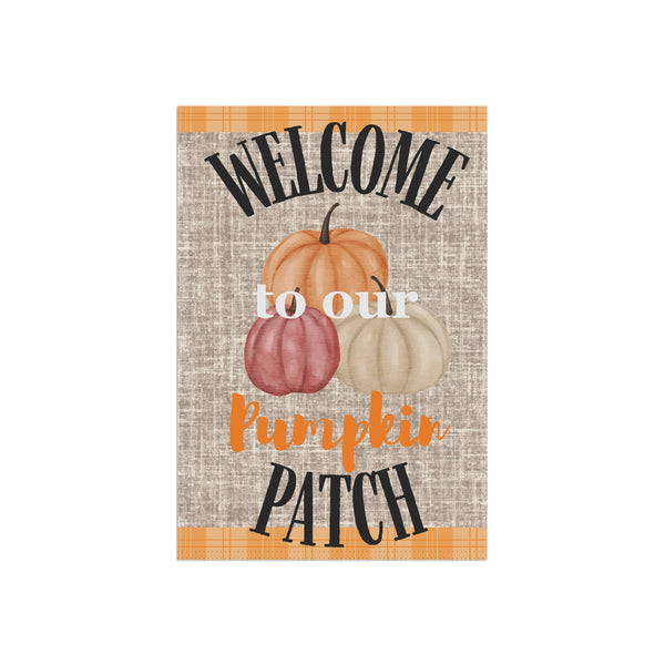 Welcome to Our Pumpkin Patch Garden Flag – 12”x18” Rustic Fall Yard Banner with Neutral Pumpkins and Plaid Trim