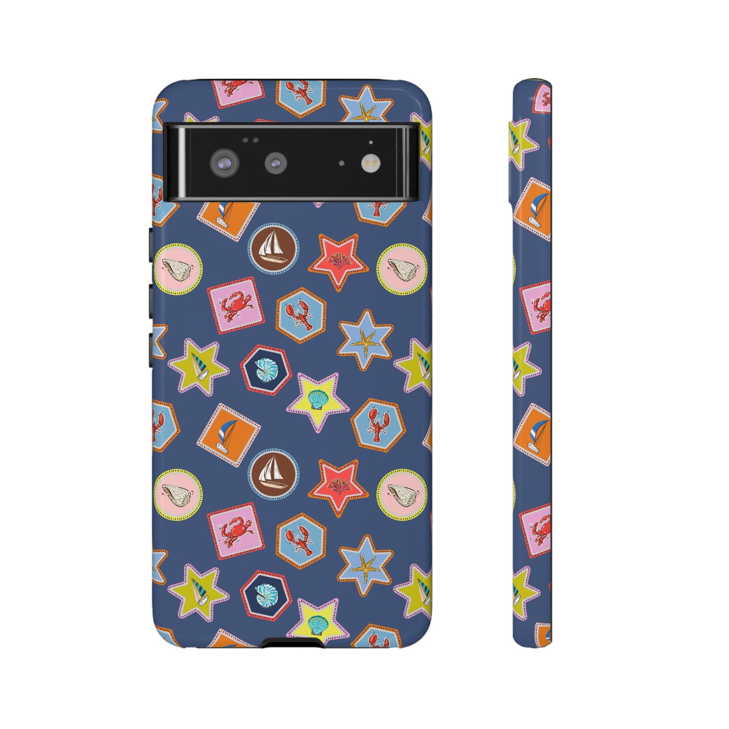 Lobsters Sailboats and Seashells on Navy Blue Phone Case