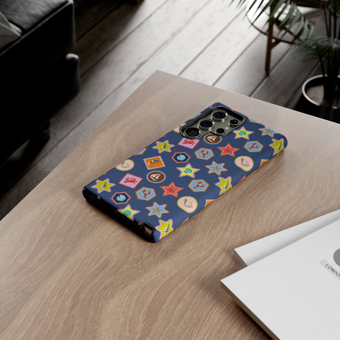 Lobsters Sailboats and Seashells on Navy Blue Phone Case