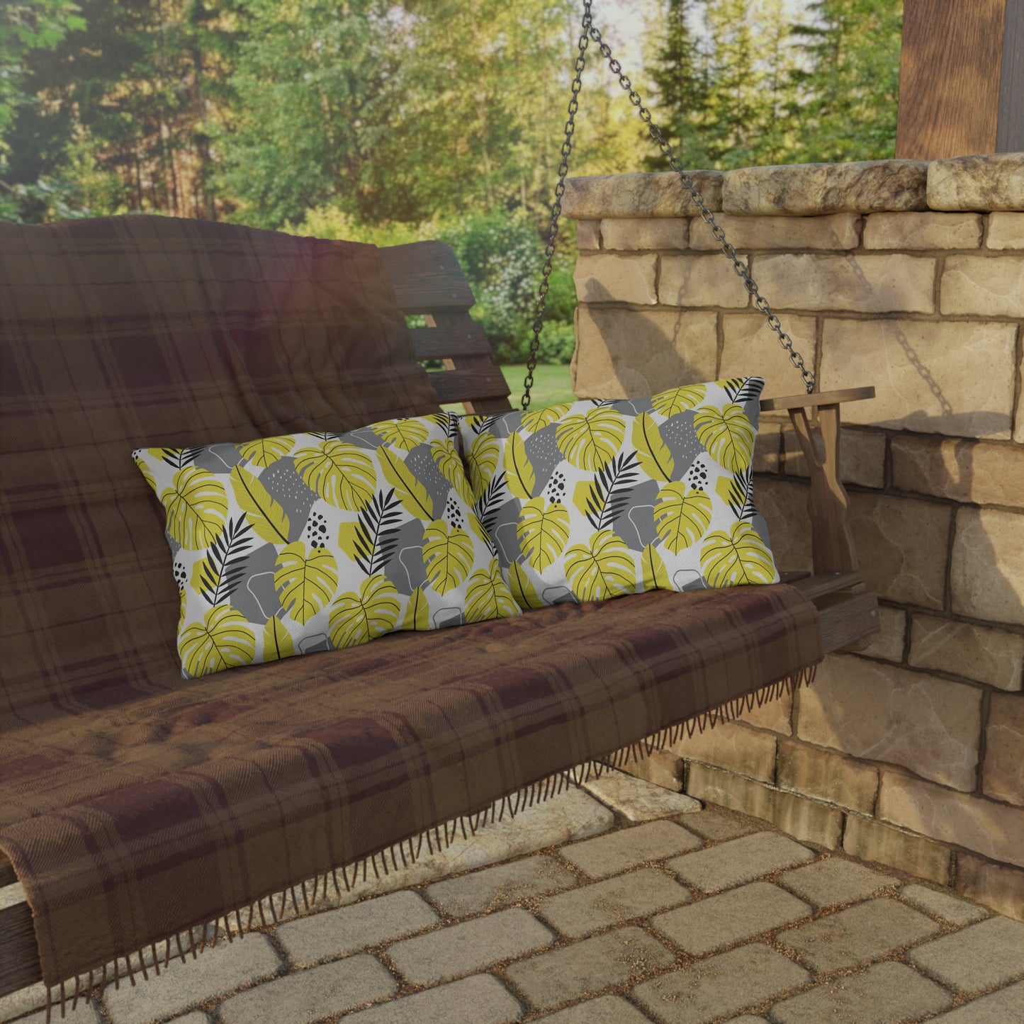Outdoor Pillow - Yellow and Gray Tropical Leaf Throw Pillow