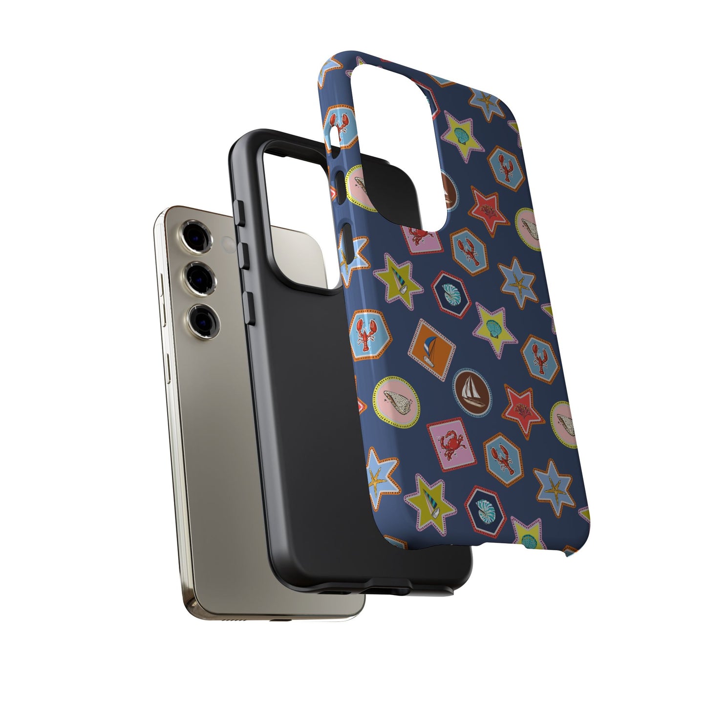 Lobsters Sailboats and Seashells on Navy Blue Phone Case