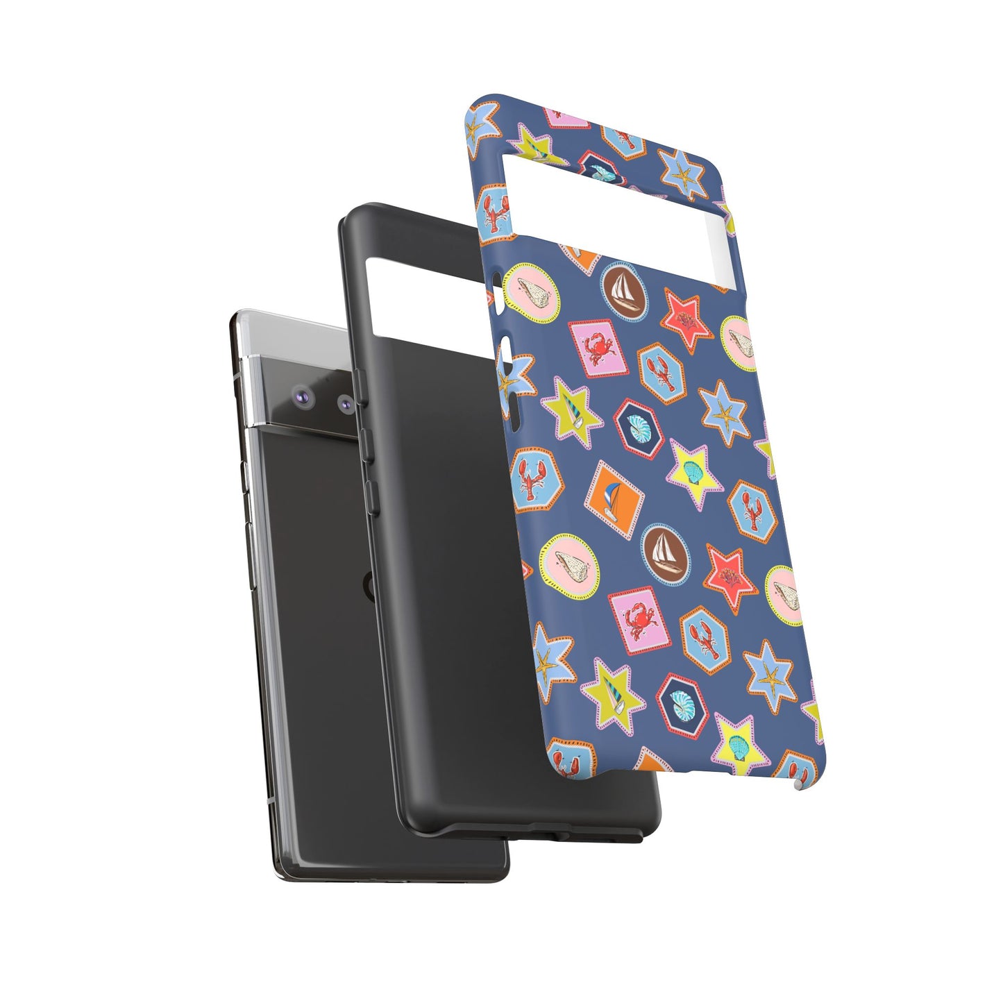 Lobsters Sailboats and Seashells on Navy Blue Phone Case