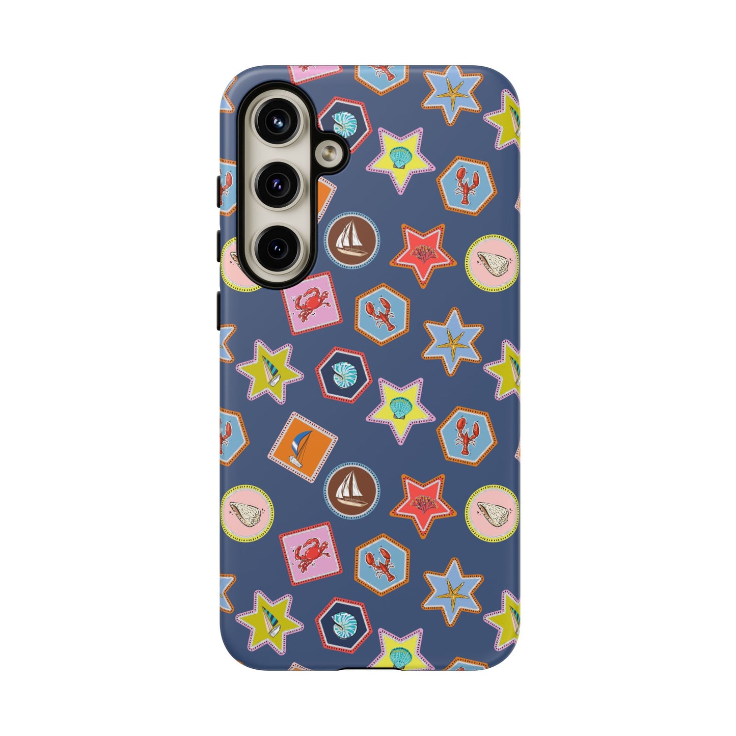 Lobsters Sailboats and Seashells on Navy Blue Phone Case