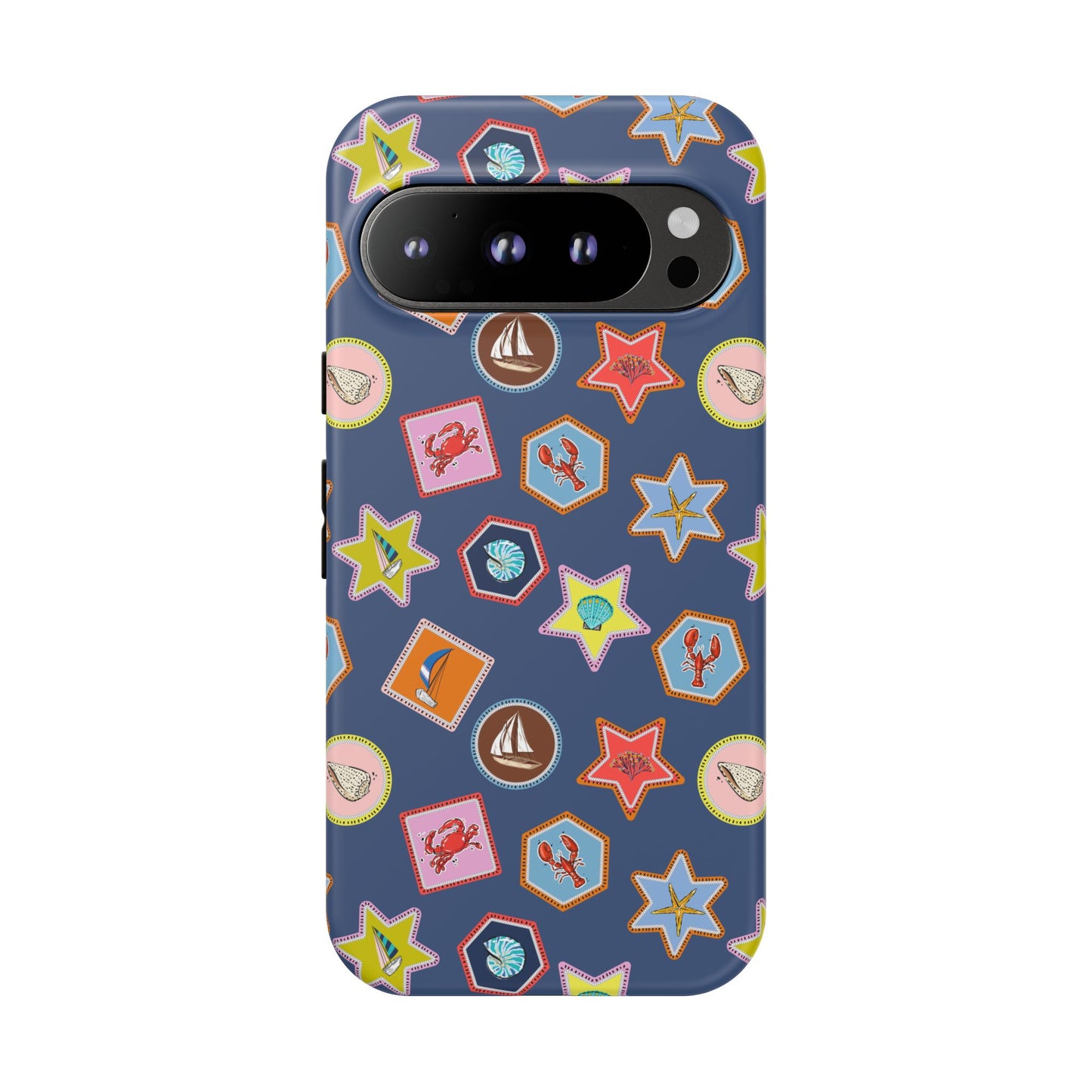 Lobsters Sailboats and Seashells on Navy Blue Phone Case