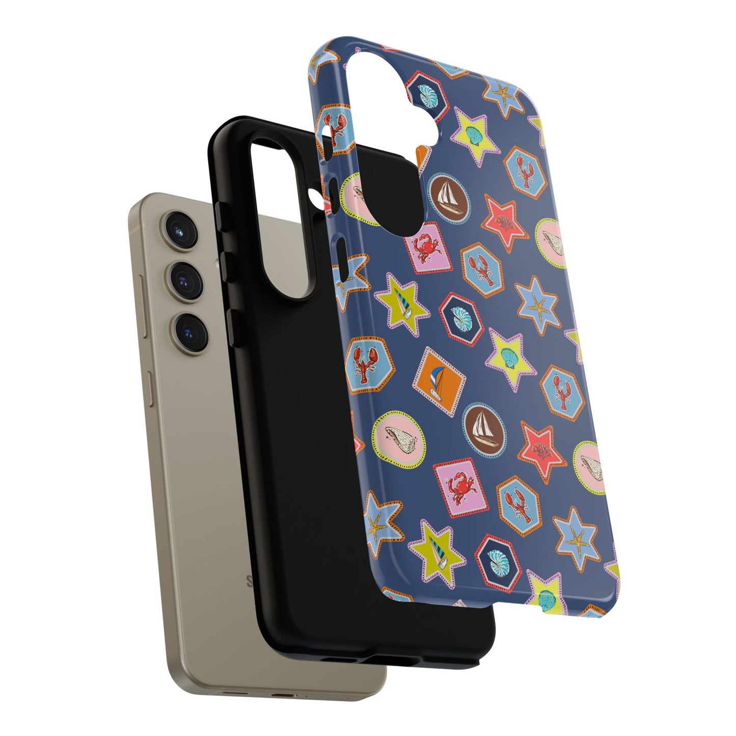 Lobsters Sailboats and Seashells on Navy Blue Phone Case