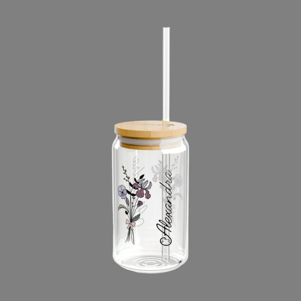 Personalized February Flower - 16oz Glass With Lid and Straw