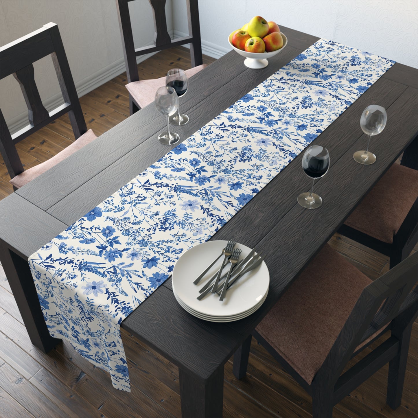 Blue Floral Toile Table Runner
