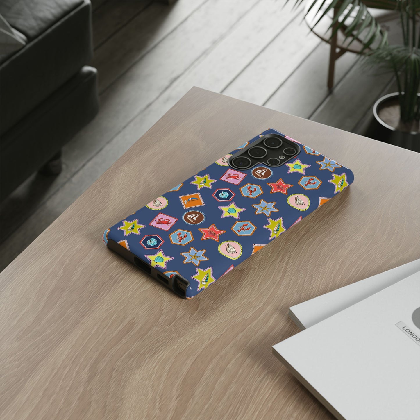 Lobsters Sailboats and Seashells on Navy Blue Phone Case