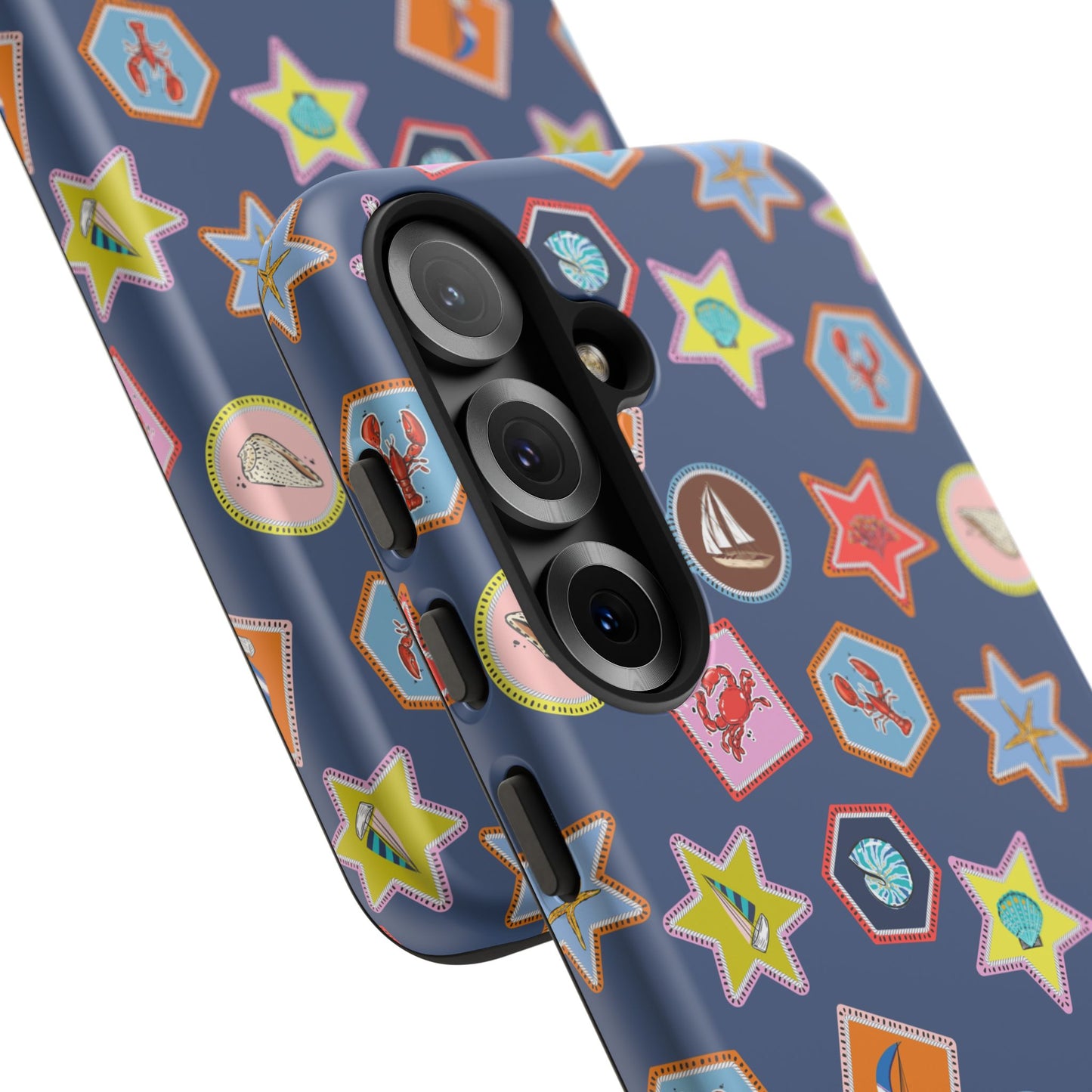 Lobsters Sailboats and Seashells on Navy Blue Phone Case