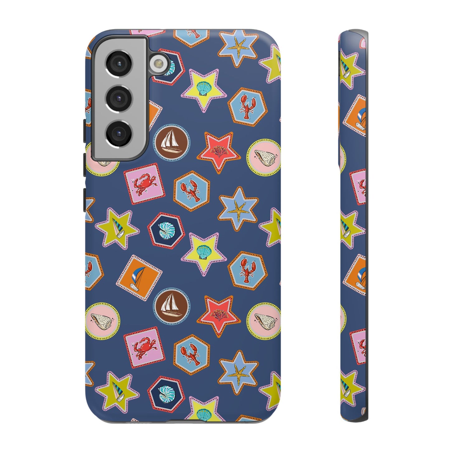 Lobsters Sailboats and Seashells on Navy Blue Phone Case