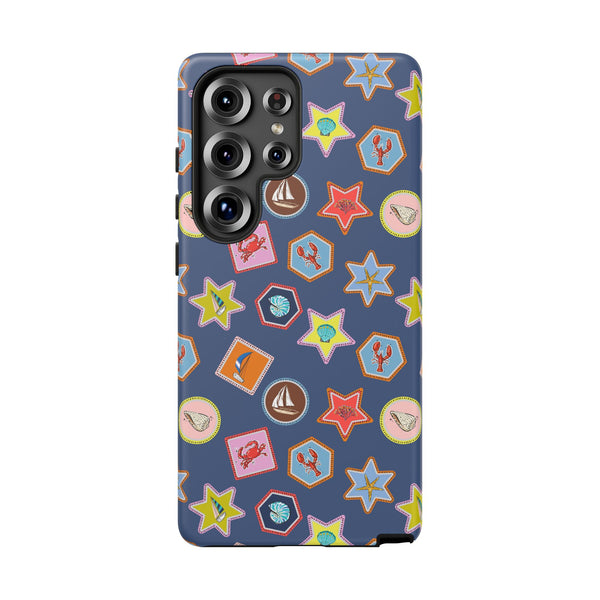 Lobsters Sailboats and Seashells on Navy Blue Phone Case