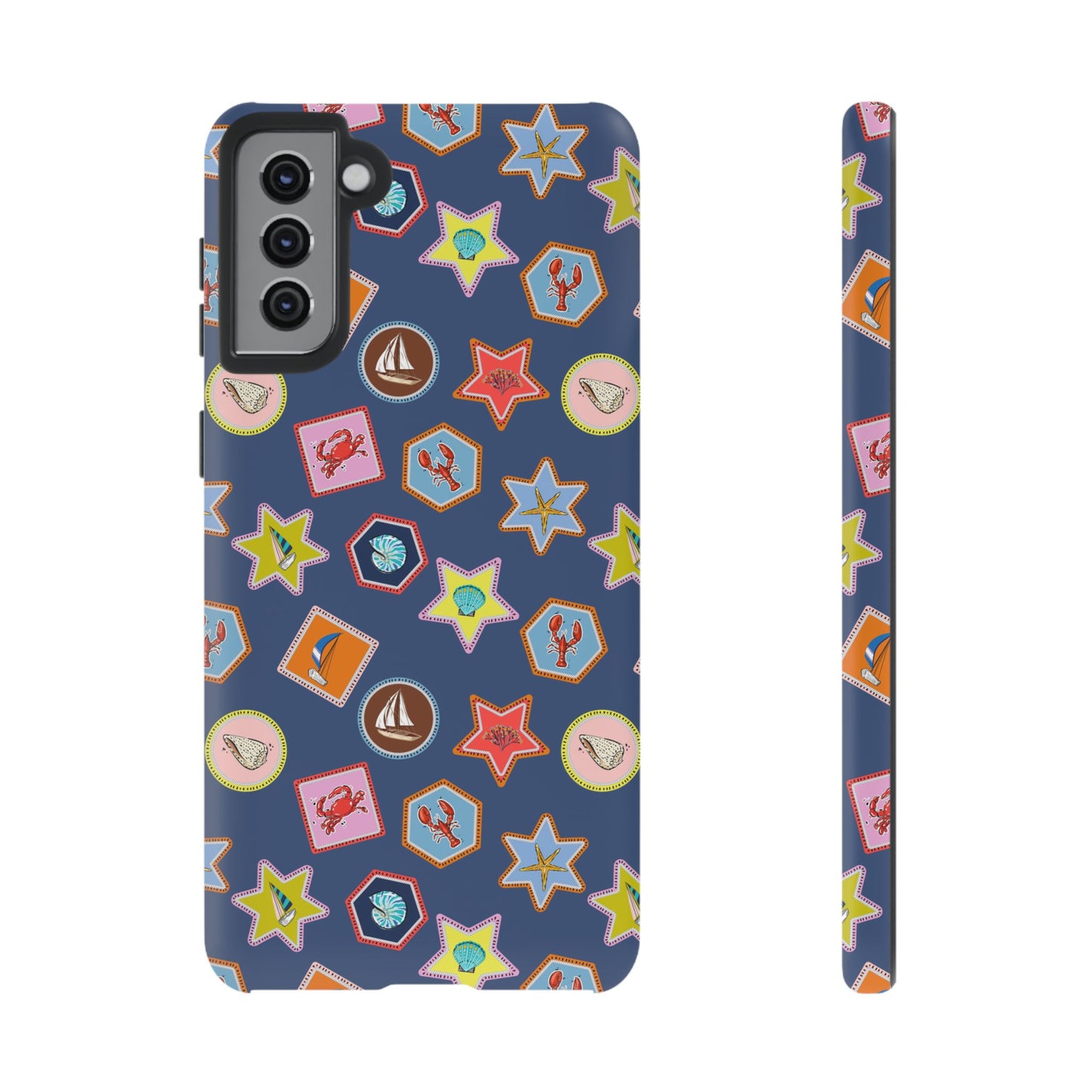 Lobsters Sailboats and Seashells on Navy Blue Phone Case