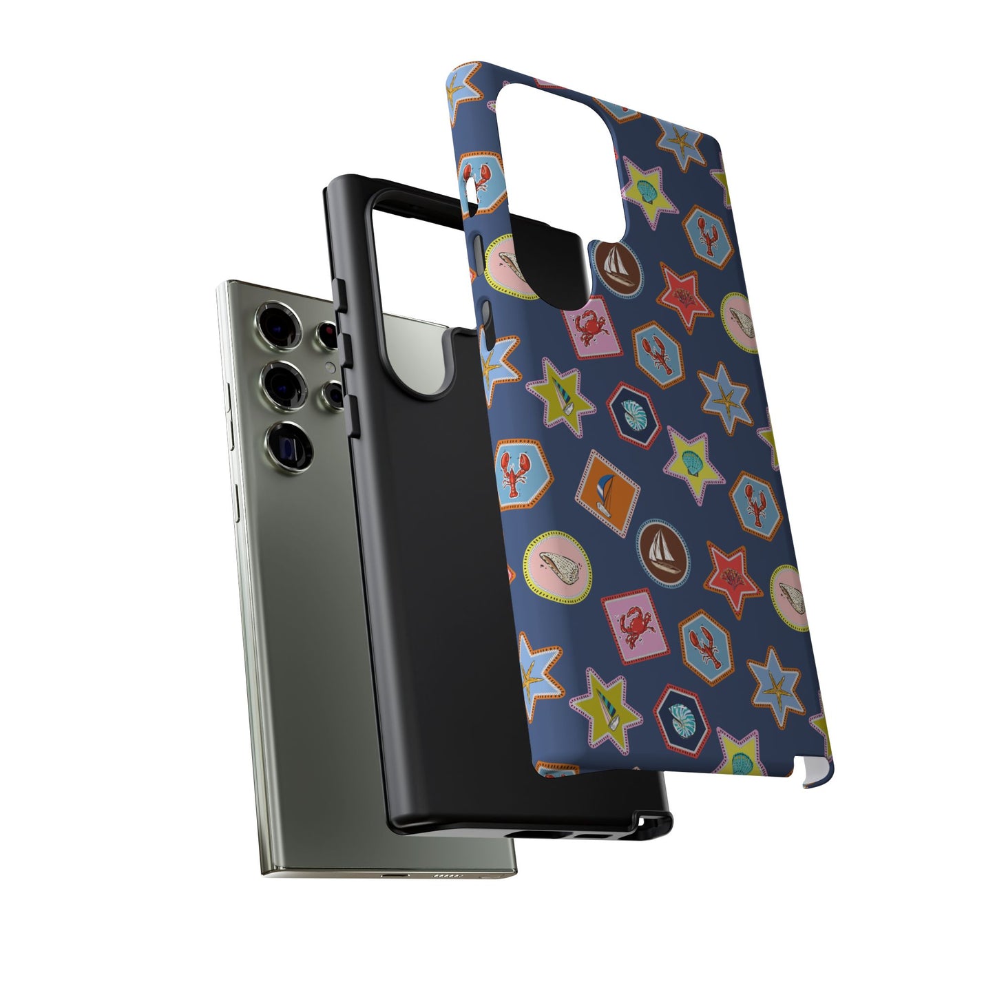 Lobsters Sailboats and Seashells on Navy Blue Phone Case