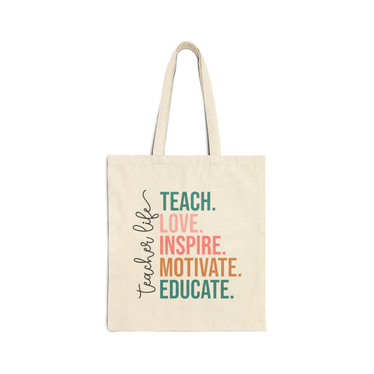 Teacher Life Cotton Canvas Tote Bag | Inspirational Gift for Educators | Eco-Friendly, Reusable, School Supply, Classroom Accessory