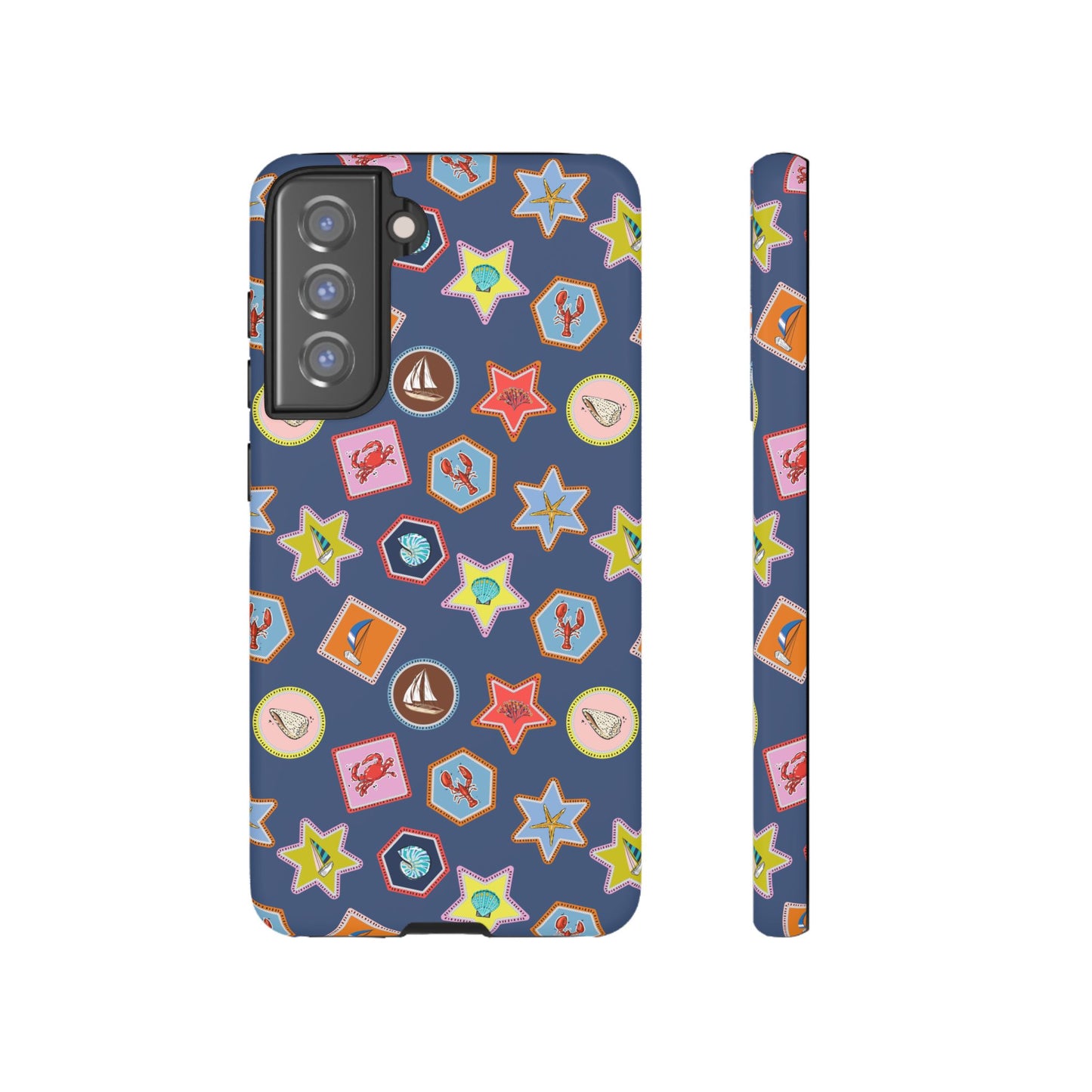 Lobsters Sailboats and Seashells on Navy Blue Phone Case