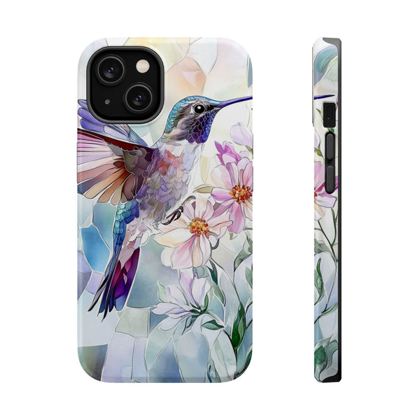 Stained Glass Hummingbird iPhone Magnetic Case - Floral Design for Wireless Charging