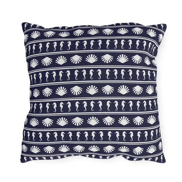 Navy Blue and White Seahorses and Shells Outdoor Pillow