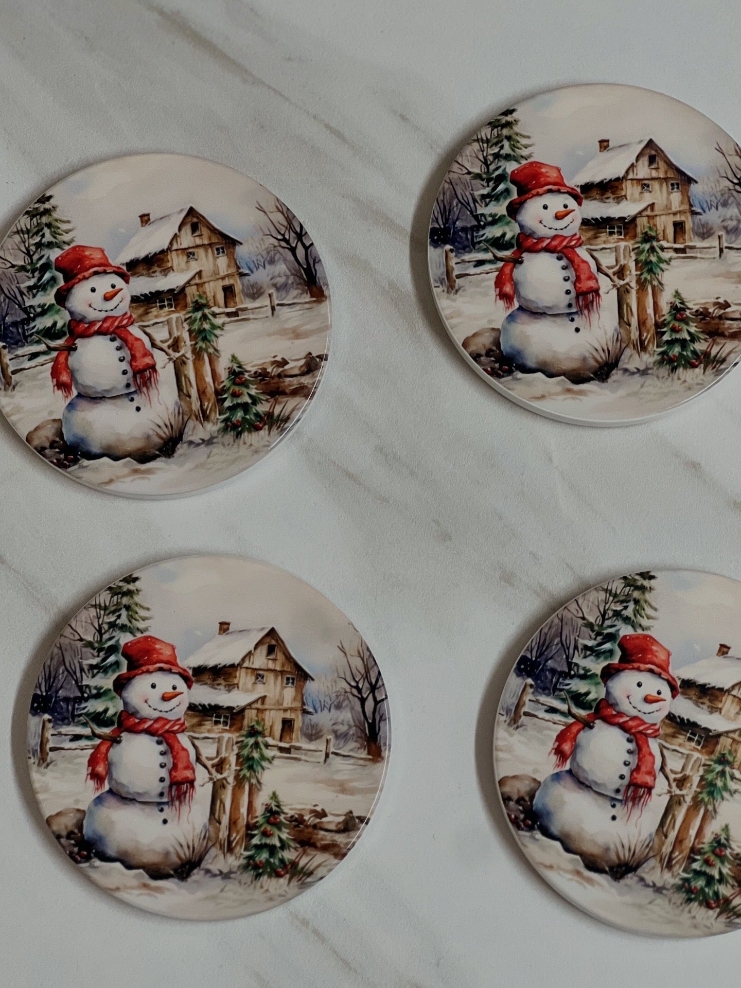 Christmas Snowman Coasters Set | 4” Ceramic Holiday Table Accents