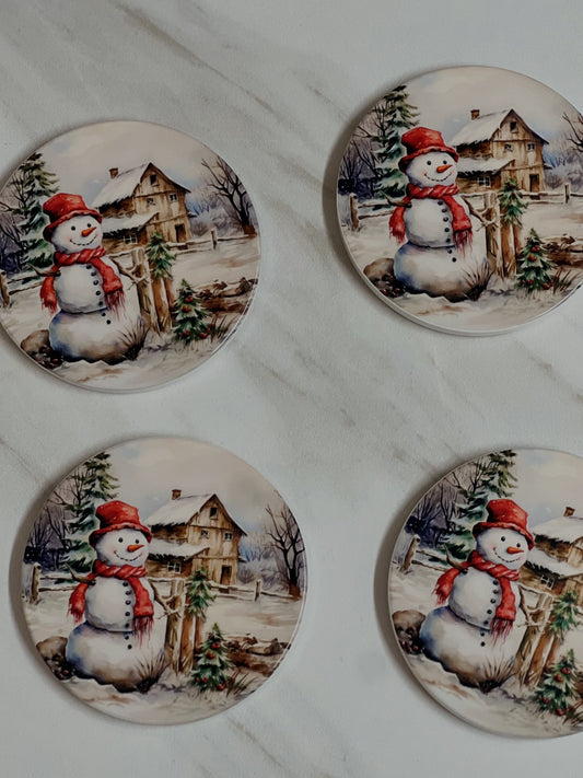 Christmas Snowman Coasters Set | 4” Ceramic Holiday Table Accents