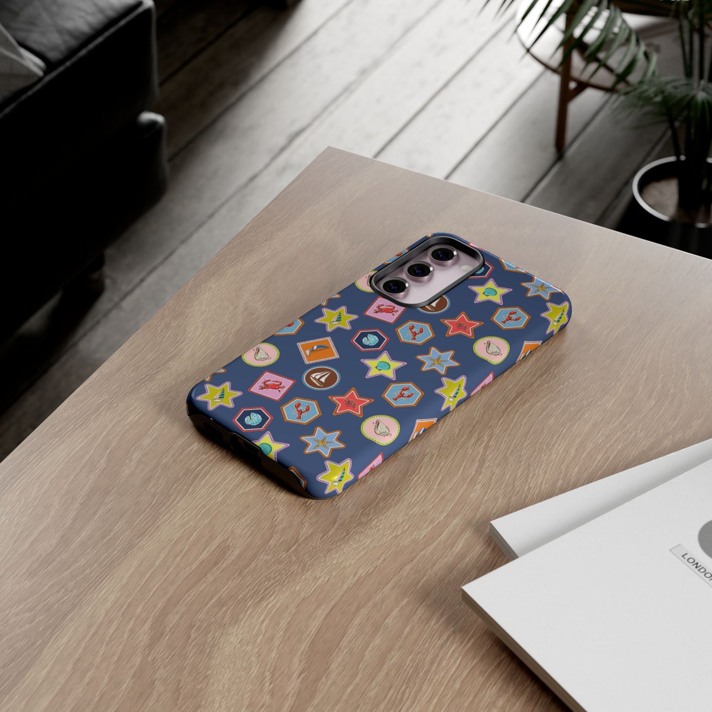 Lobsters Sailboats and Seashells on Navy Blue Phone Case