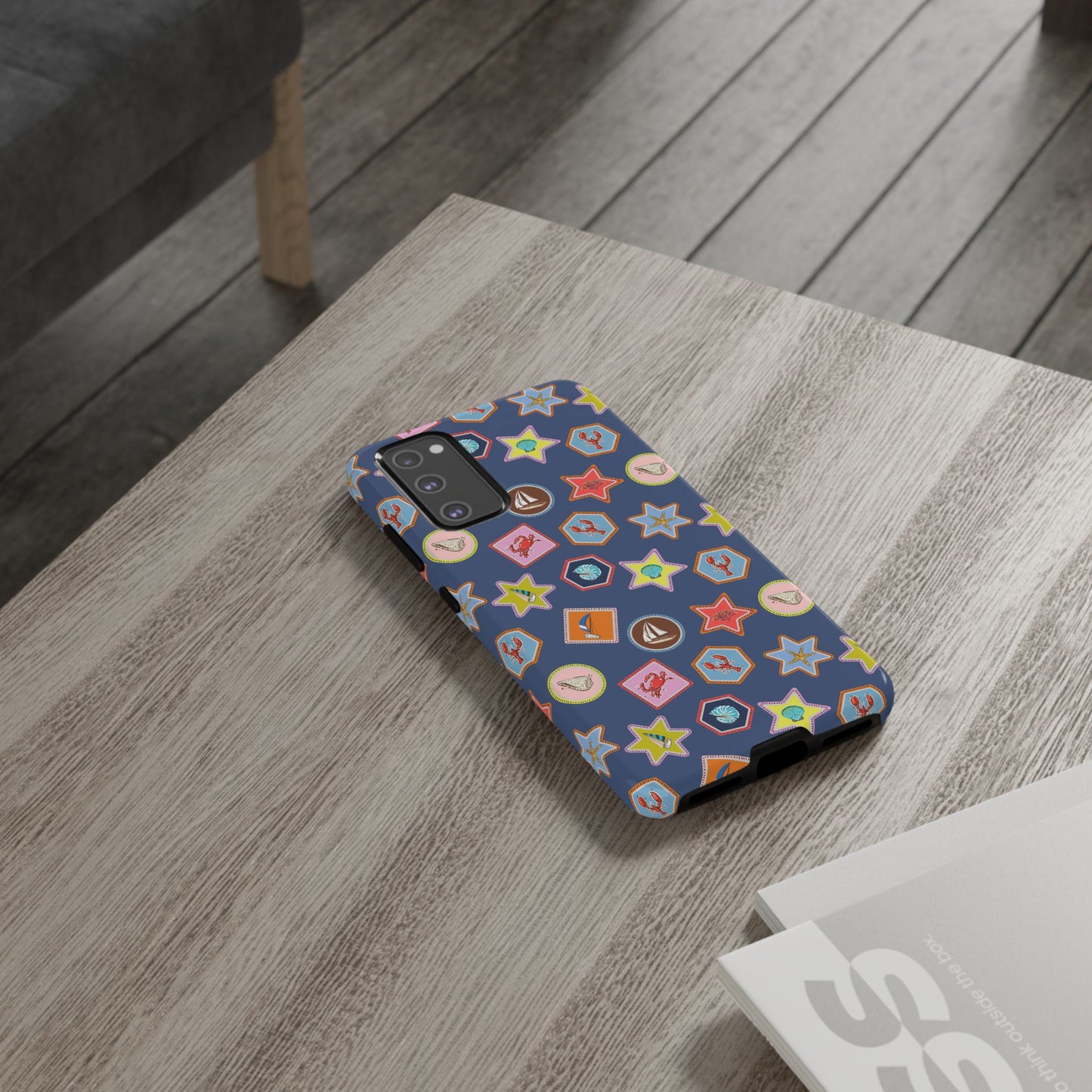 Lobsters Sailboats and Seashells on Navy Blue Phone Case
