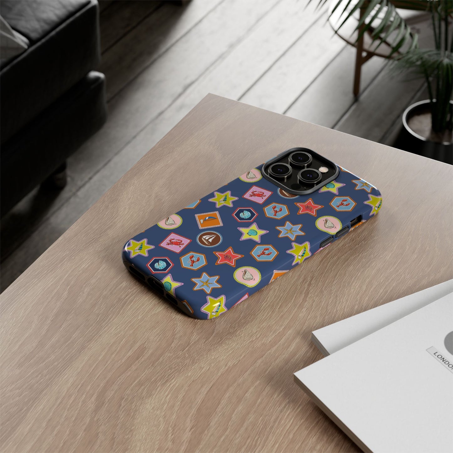Lobsters Sailboats and Seashells on Navy Blue Phone Case