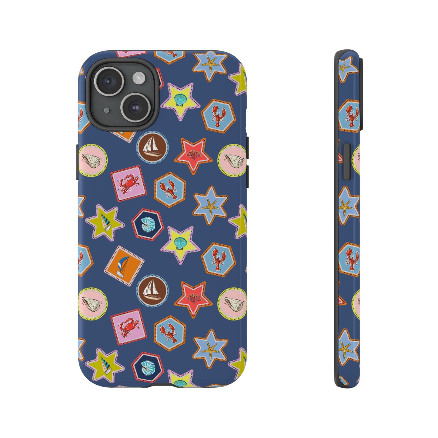 Lobsters Sailboats and Seashells on Navy Blue Phone Case