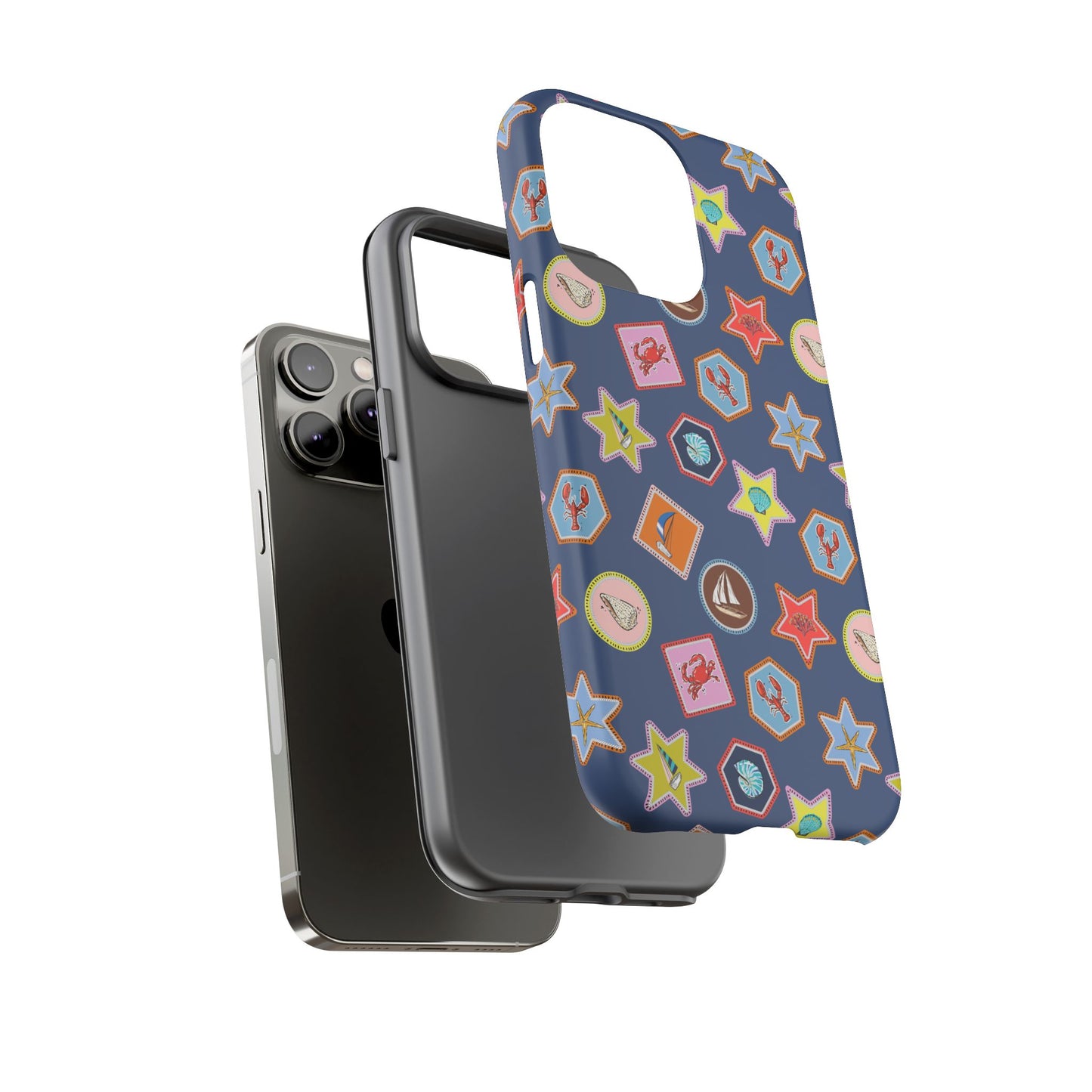 Lobsters Sailboats and Seashells on Navy Blue Phone Case