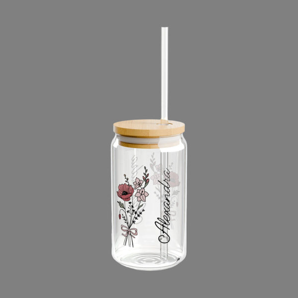 Personalized December Flower 16oz Can Glass - Stylish Sipper with Bamboo Lid and Straw