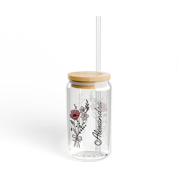 Personalized August Flower 16oz Can Glass - Stylish Sipper with Bamboo Lid and Straw