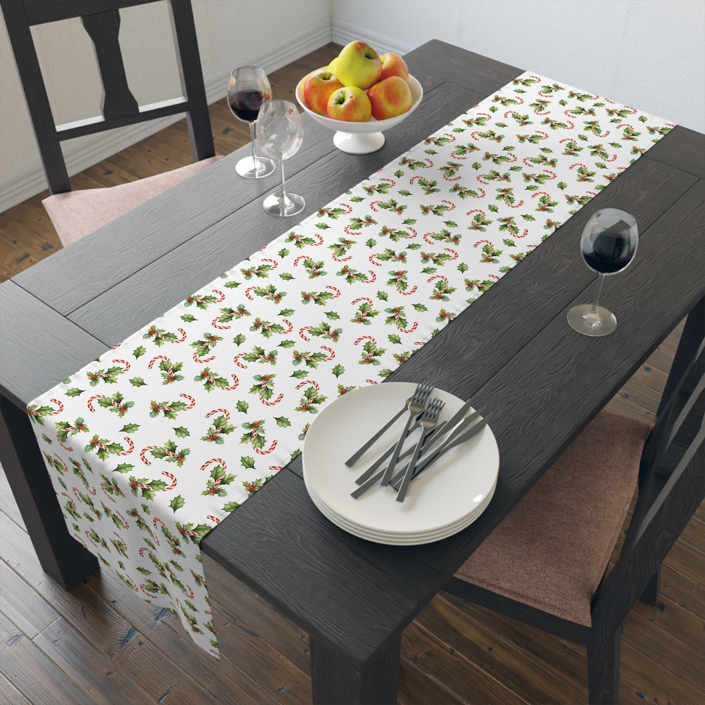 Christmas Table Runner Featuring Holly & Candy Canes