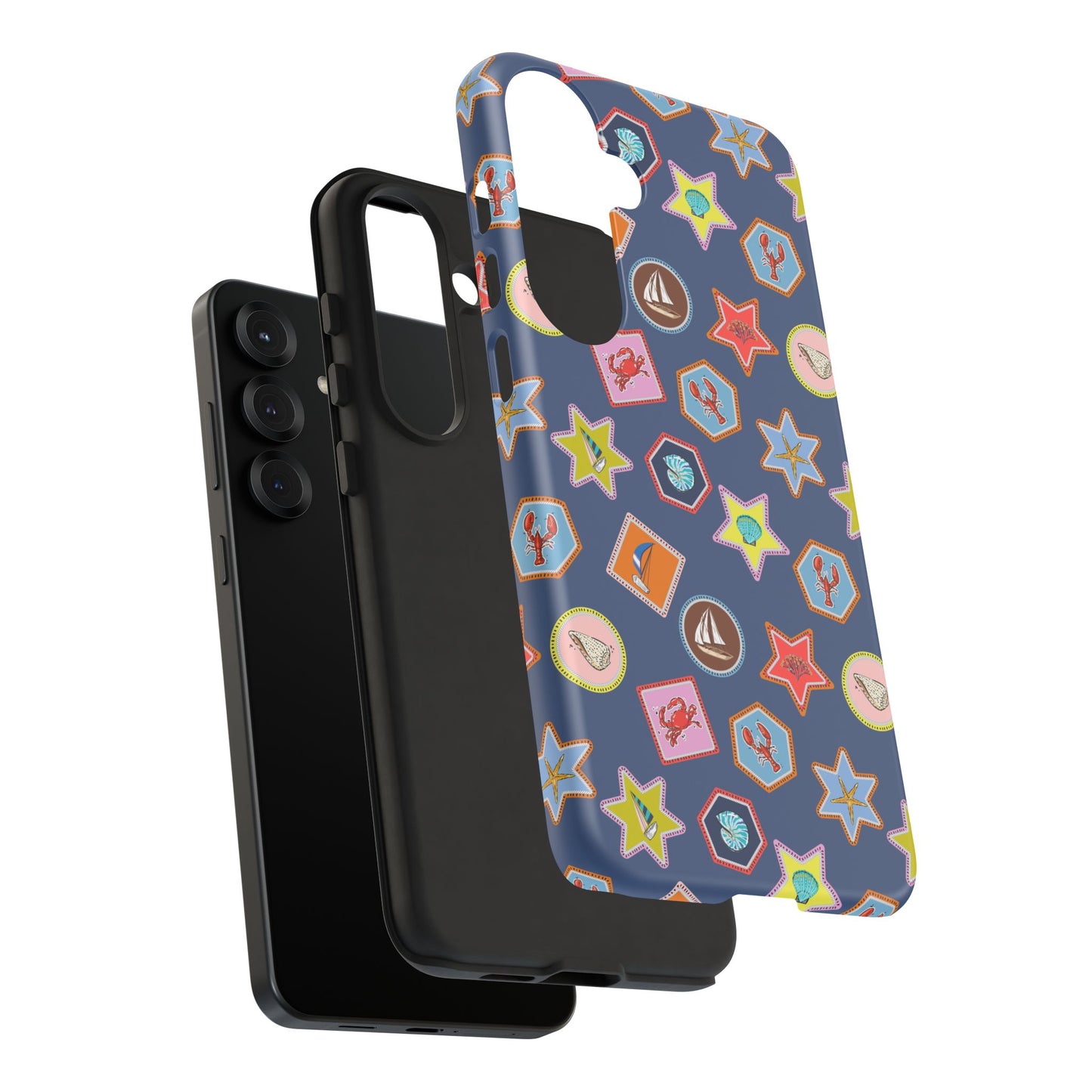 Lobsters Sailboats and Seashells on Navy Blue Phone Case