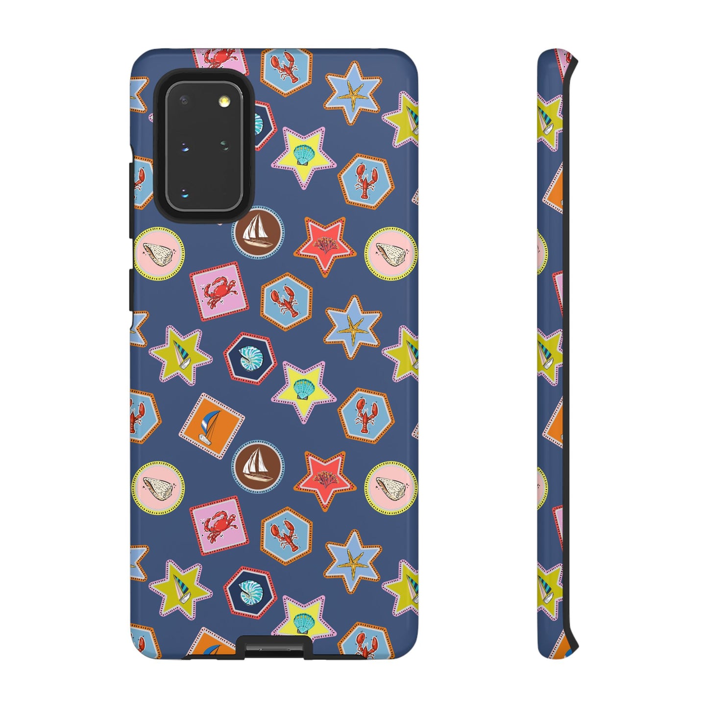 Lobsters Sailboats and Seashells on Navy Blue Phone Case