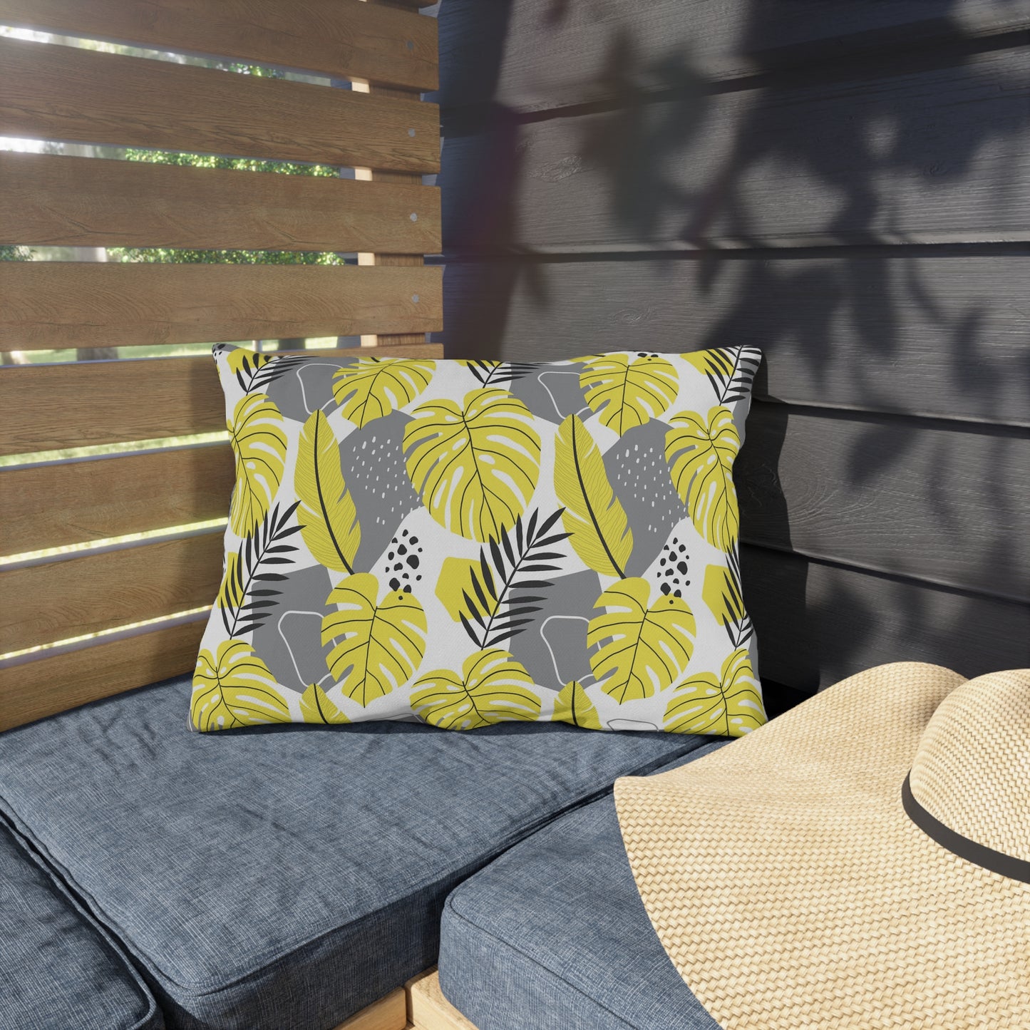 Outdoor Pillow - Yellow and Gray Tropical Leaf Throw Pillow