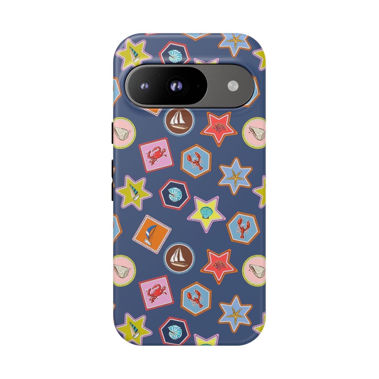 Lobsters Sailboats and Seashells on Navy Blue Phone Case