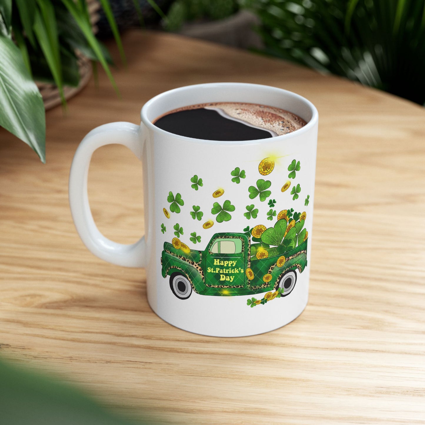 St Patricks Day Pick Up Truck with Shamrocks - 11oz Ceramic Mug